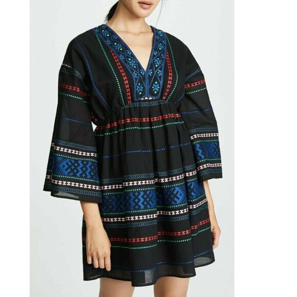 Joie Boho Embroidered Cotton Mini Dress Small Black VNeck Blue Shada Bell Sleeve - Picture 2 of 9